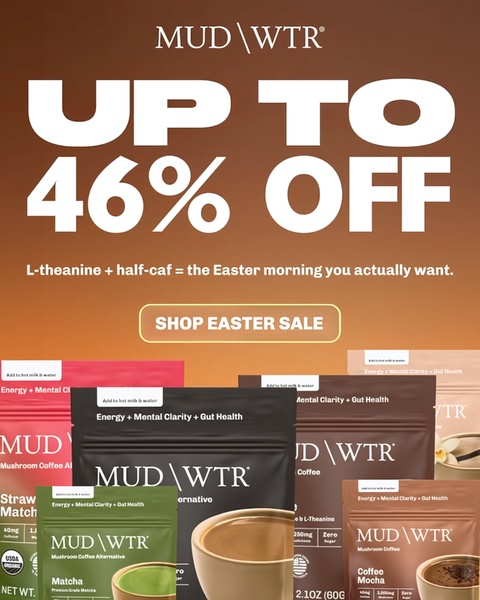 mushroom coffee, coffee alternative, functional coffee, wellness coffee, adaptogenic coffee, sale promotion, modern typography, energetic, brown, easter